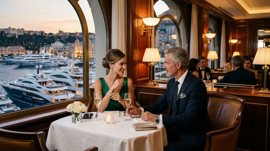 Rendez-vous exclusif avec un Sugar Daddy Monaco dans un restaurant de luxe à Monte-Carlo.